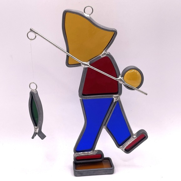 The Unbranded Brand Other - Vintage Stained Glass‎ Suncatcher Fisherman Boy with Fishing Pole Cabin Decor 5"
